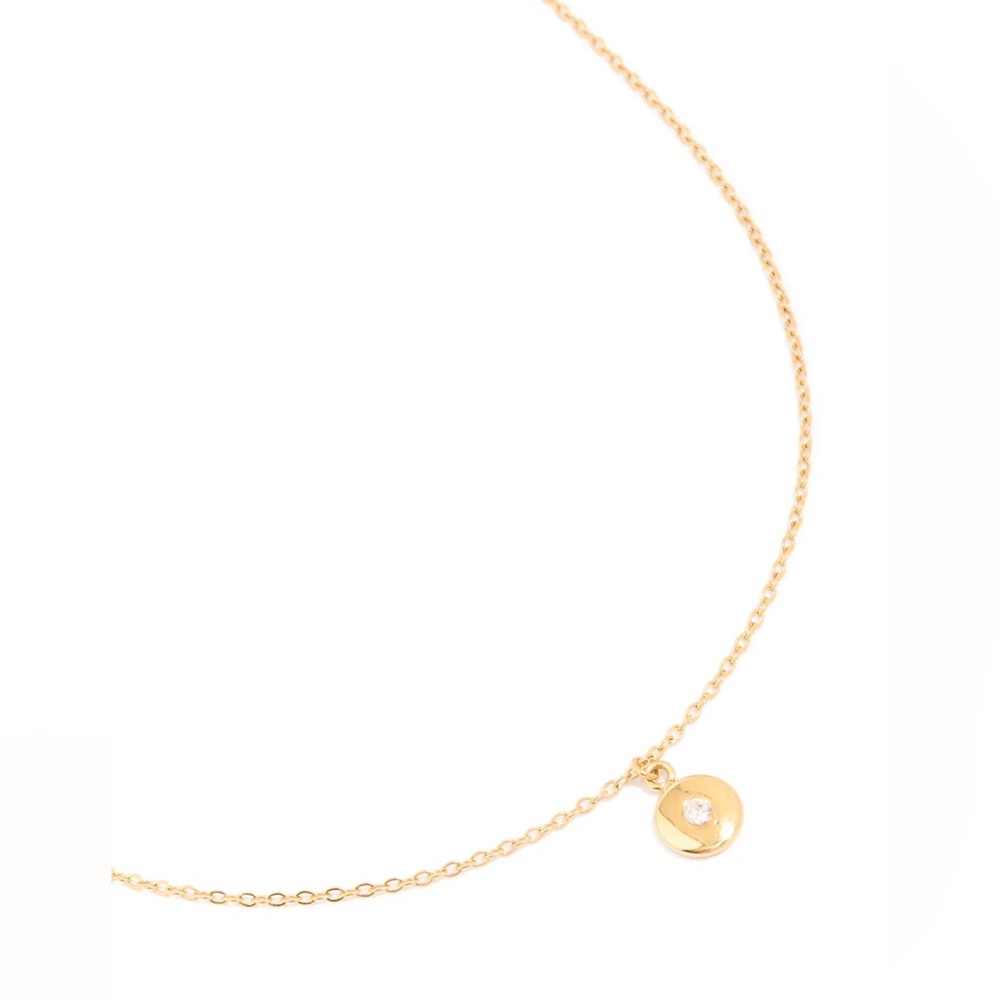 WATERPROOF Gold Plated Stainless Steel Cubic Zirconia Disc Pendant Necklace